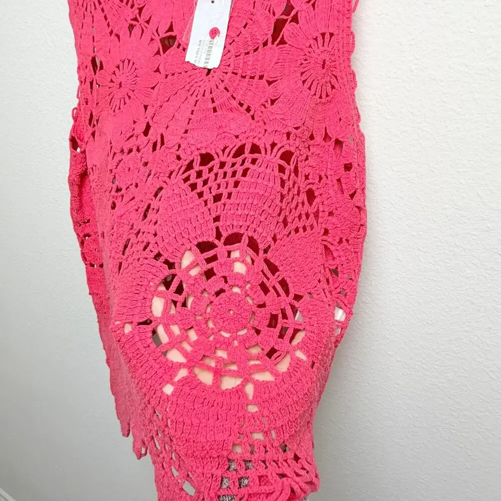 Lumiere Pink Crochet Tank Top Scalloped Open Knit Boho Large NWT - Picture 4 of 12